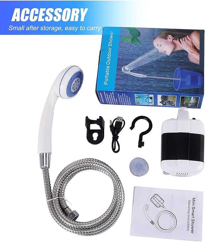 Portable Outdoor Camping Shower, Battery Powered - Compact Handheld Rechargeable Camping Shower head - Pumps Water from Bucket Into Steady, Gentle Shower Stream