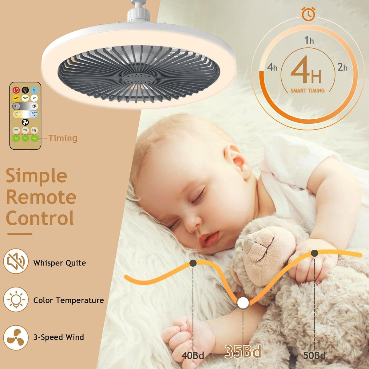 Ceiling Fan with Light and Remote Control, Stepless Dimming 3 Wind Speed Adjustable