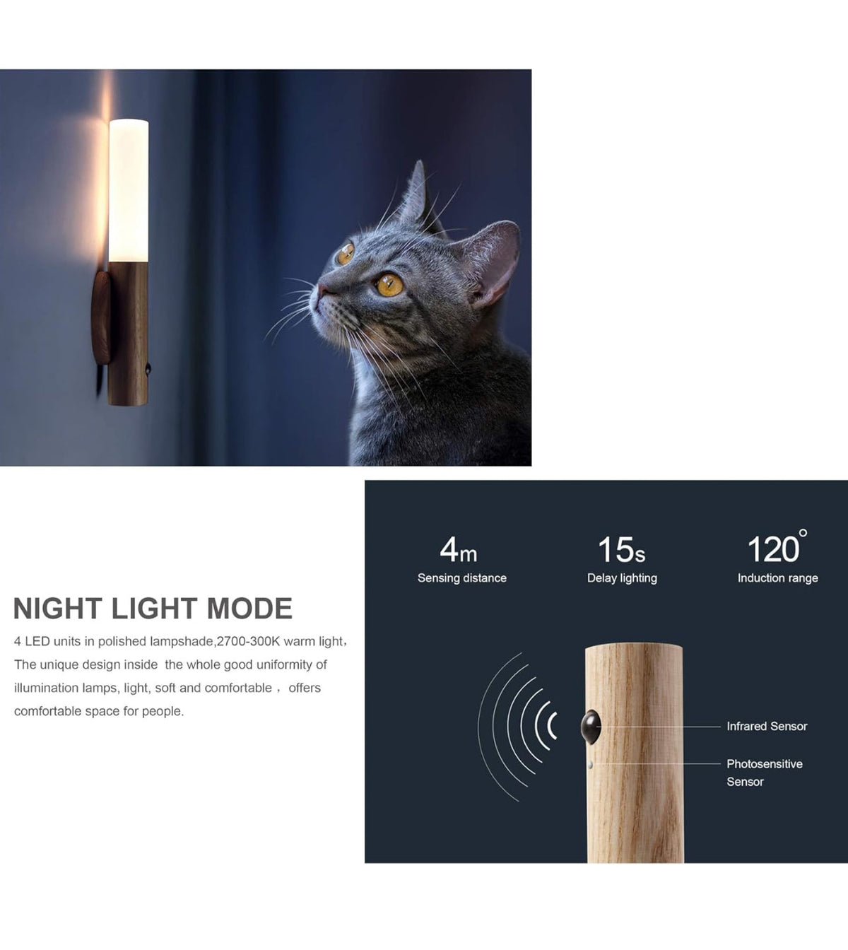 Glass Wood Rechargeable Wireless Wall Lights For Corridors, Stairs, Bedrooms