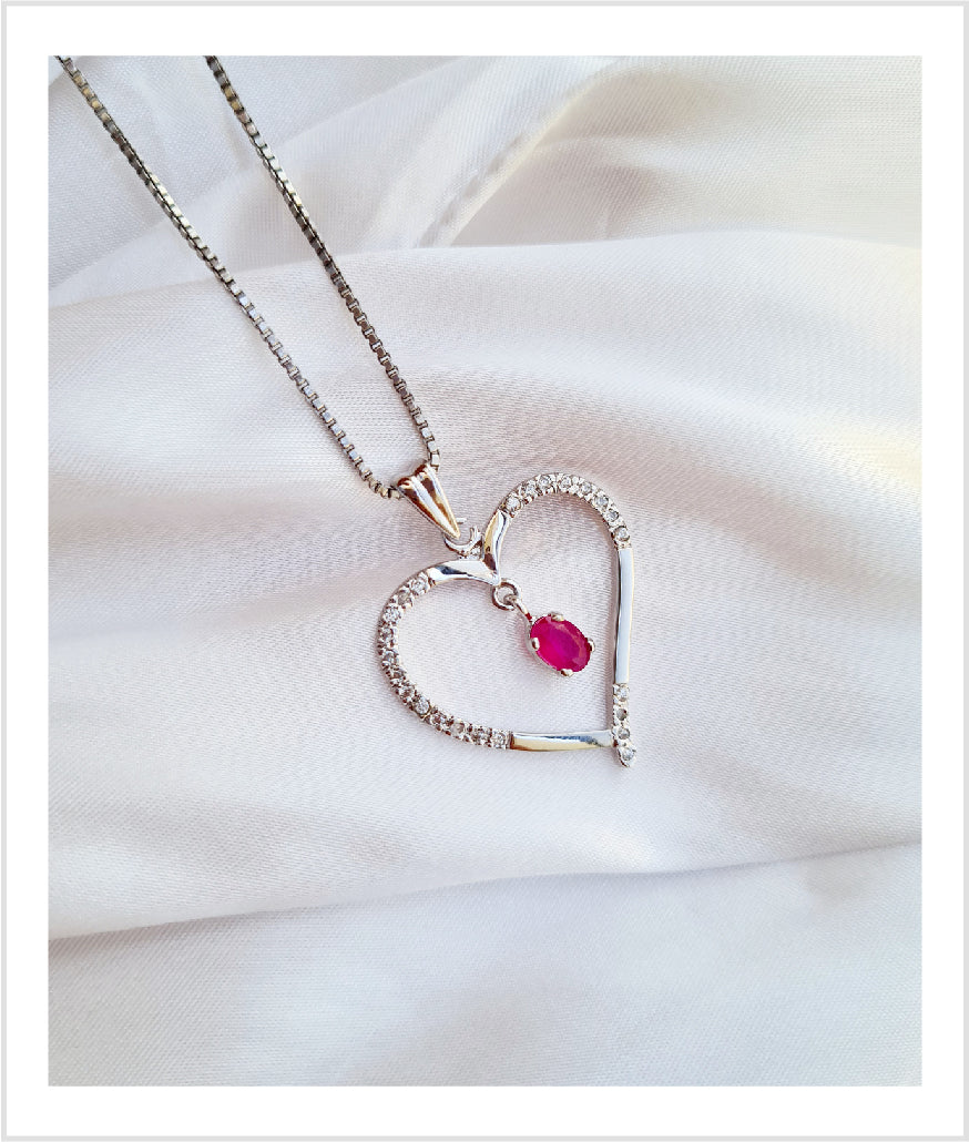 Heart Pendant with Chain (92.5 Silver)  With Coloured  Stone & Real Cubic Zircons