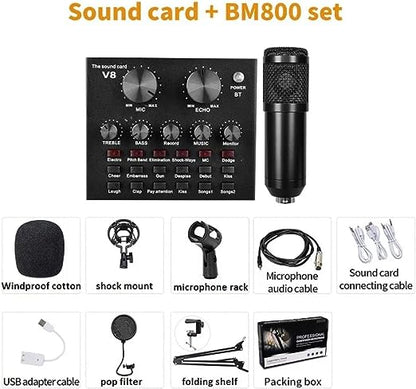 Professional Mic Condenser Microphone V8 Sound Card Set for Webcast Live Stream- Auxiliary