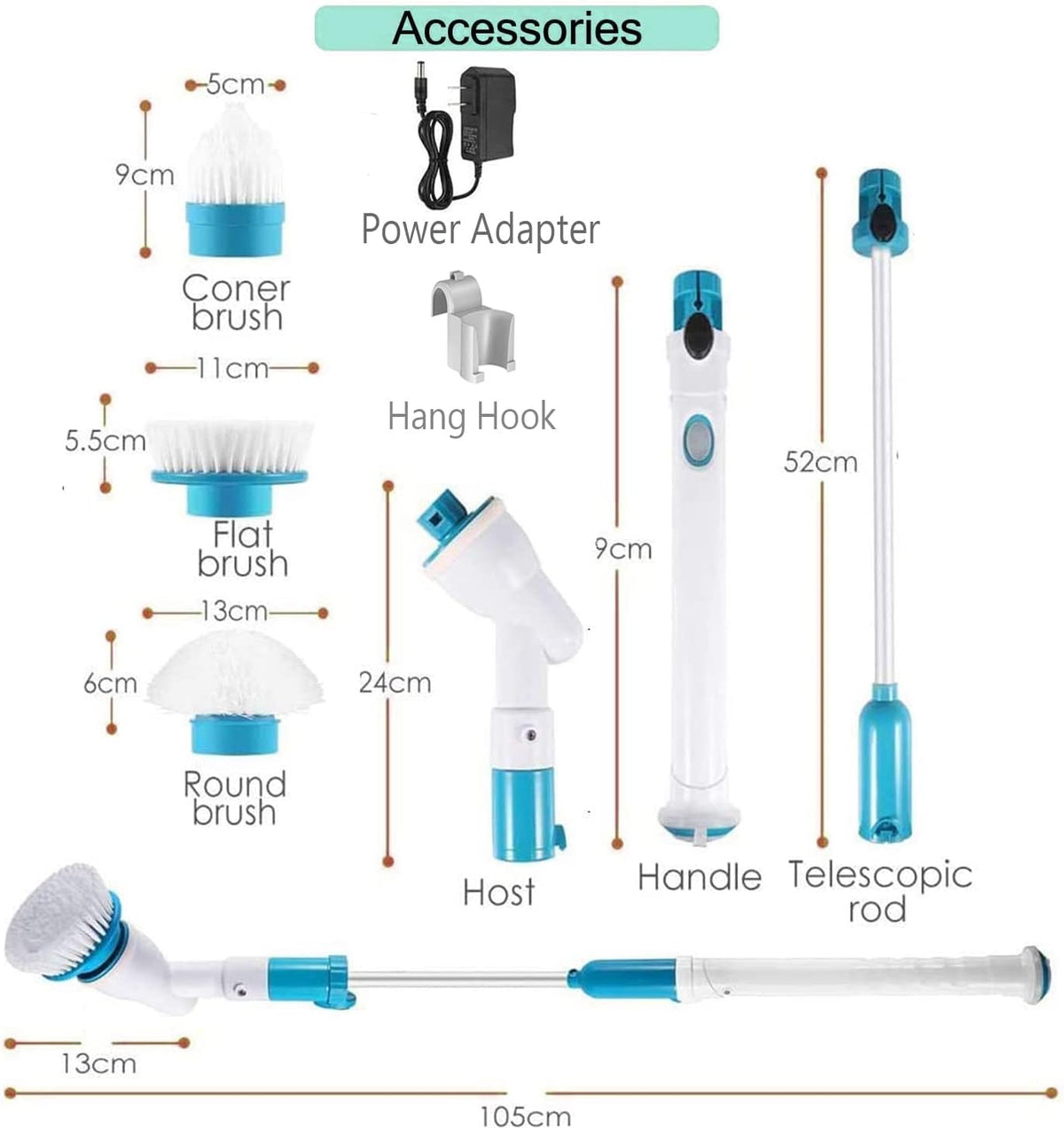 Electric Spin Scrubber, 360 Cordless Tub and Tile Scrubber, Multi-Purpose Power Surface Cleaner with 3 Replaceable Cleaning Scrubber Brush Heads, 1 Extension Arm and Adapter