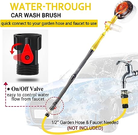 Car Wash Brush with Hose Attachment, 360 Spin Car Wash Brush with Soap Dispenser, Soft Bristle Car Cleaning Brush Mop Scrub Brush, Flow Through Car Washing Brush Kit Long Handle