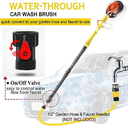 Car Wash Brush with Hose Attachment, 360 Spin Car Wash Brush with Soap Dispenser, Soft Bristle Car Cleaning Brush Mop Scrub Brush, Flow Through Car Washing Brush Kit Long Handle