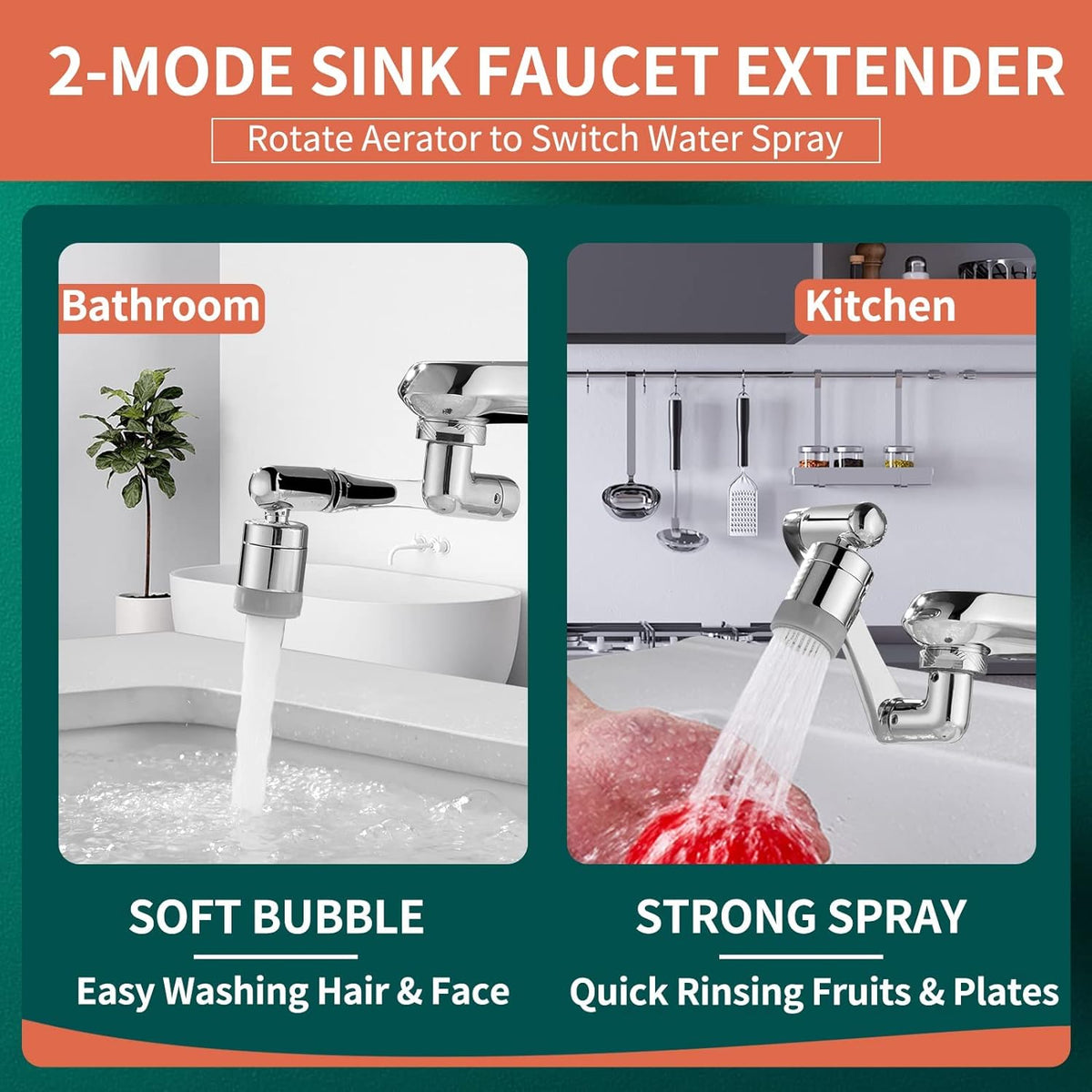 Swivel Faucet-Extender Universal Sink Set-2 Mode Splash Filter Extension-Water Aerator, Kitchen Bathroom 360° Angle Rotatable Spray