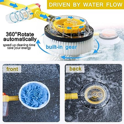 Car Wash Brush with Hose Attachment, 360 Spin Car Wash Brush with Soap Dispenser, Soft Bristle Car Cleaning Brush Mop Scrub Brush, Flow Through Car Washing Brush Kit Long Handle