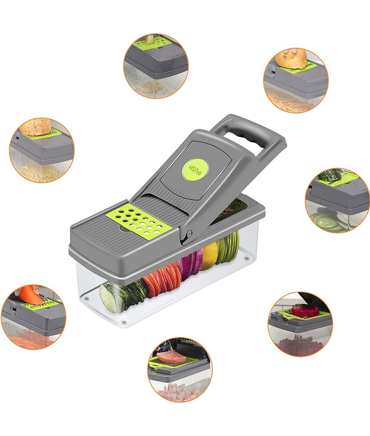 14 in 1 Vegetable Chopper Slicer Onion Chopper with Container and Drain Basket One Click Cleaning Food Chopper Multifunctional Veggie Chopper with 8 Stainless Steel Blade
