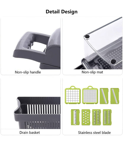 14 in 1 Vegetable Chopper Slicer Onion Chopper with Container and Drain Basket One Click Cleaning Food Chopper Multifunctional Veggie Chopper with 8 Stainless Steel Blade
