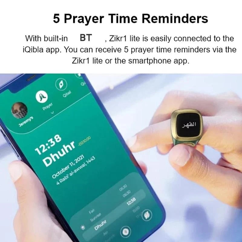 iQibla Zikr1 lite Smart Tasbih Tally Counter Ring for Muslims Zikr Digital Tasbeeh 5 Prayer Time Reminder Bluetooth Waterproof